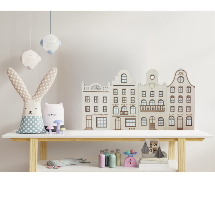 kamieniczki drewniane dekoracja pokoju dziecka zestaw 4szt
