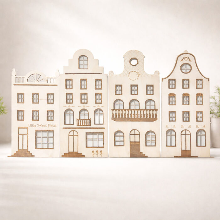 kamieniczki drewniane dekoracja pokoju dziecka zestaw 4szt