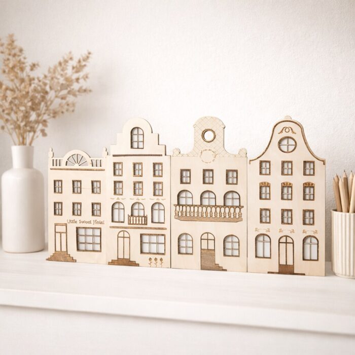 kamieniczki drewniane dekoracja pokoju dziecka zestaw 4szt