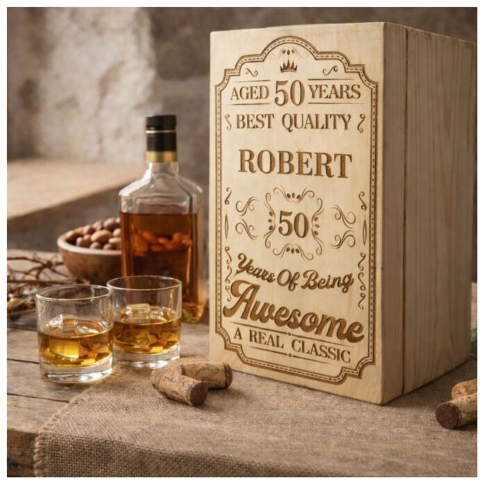 Drewniana skrzynka prezentowa na whisky lub wino z ozdobnym grawerem na wieczku