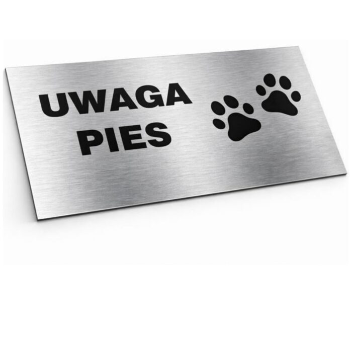 Tabliczka informacyjna „Uwaga pies” stal nierdzewna 20x10 cm – widok pod lekkim kątem