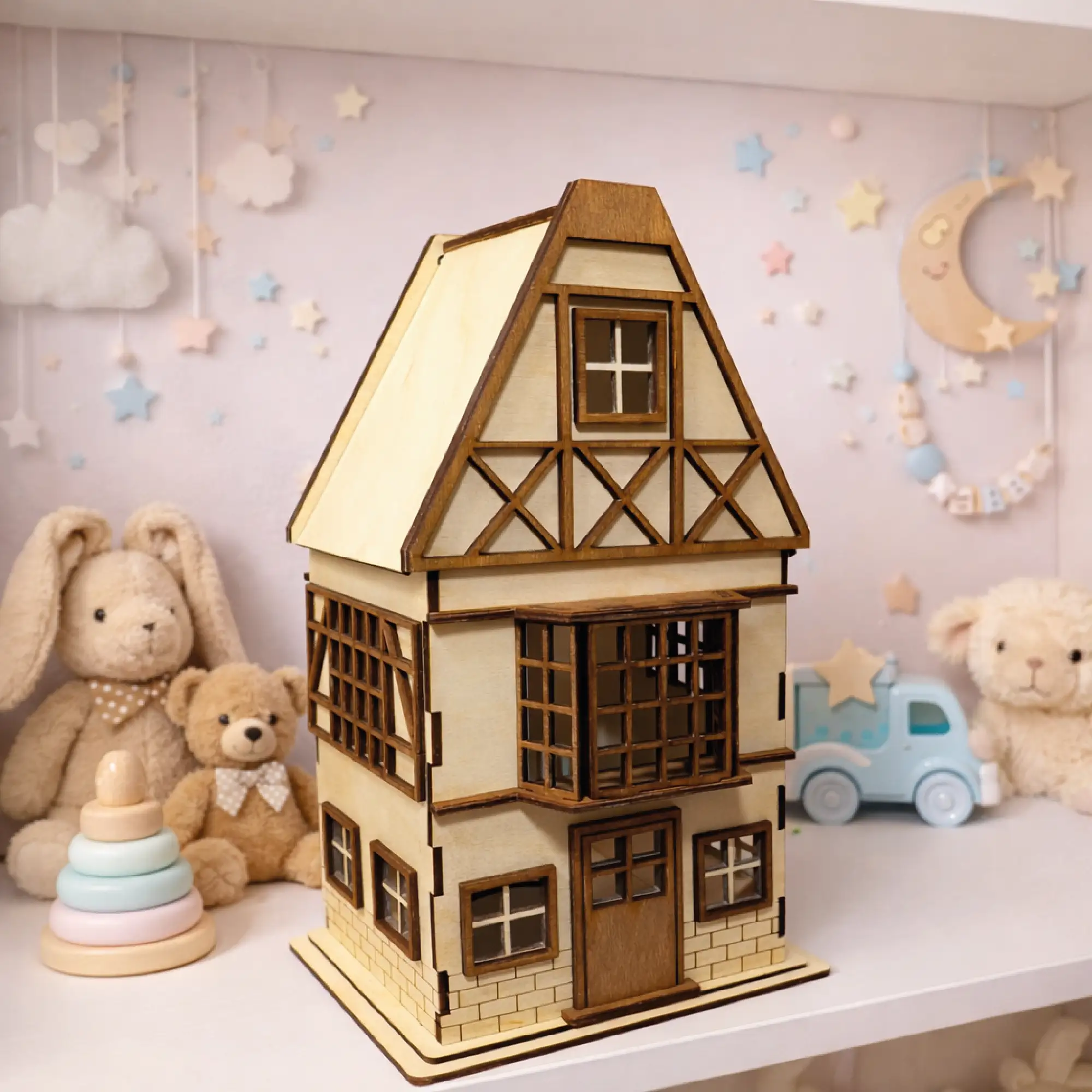Drewniany lampion domek ze sklejki – ręcznie klejony