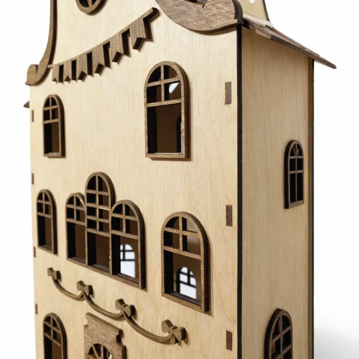 drewniany lampion kamienica z podświetleniem LED