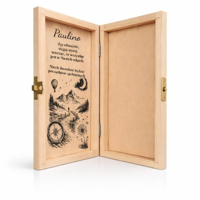 Zbliżenie na kolorowy nadruk UV ze znakiem 18 na drewnianej okładce pudełka