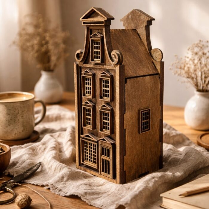 drewniany domek lampion w stylu holenderskiej kamienicy ze sklejki