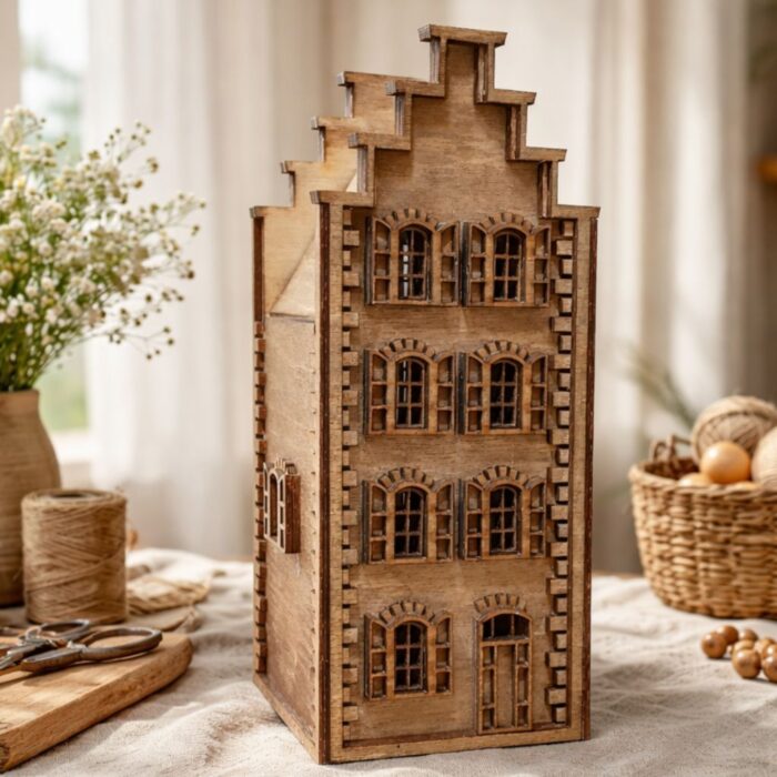 drewniany domek lampion ze sklejki dekoracyjny