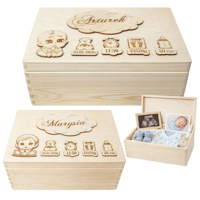 Drewniany kuferek wspomnień z grawerem jako pamiątka chrztu dla dziecka