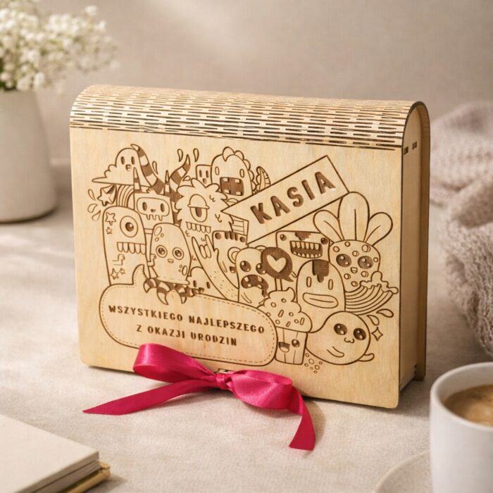 Drewniane pudełko na pieniądze z grawerem jako oryginalny prezent urodzinowy