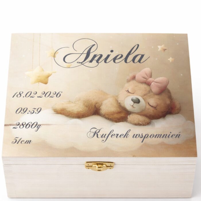 drewniany kuferek wspomnień dziecka personalizowany prezent dla noworodka