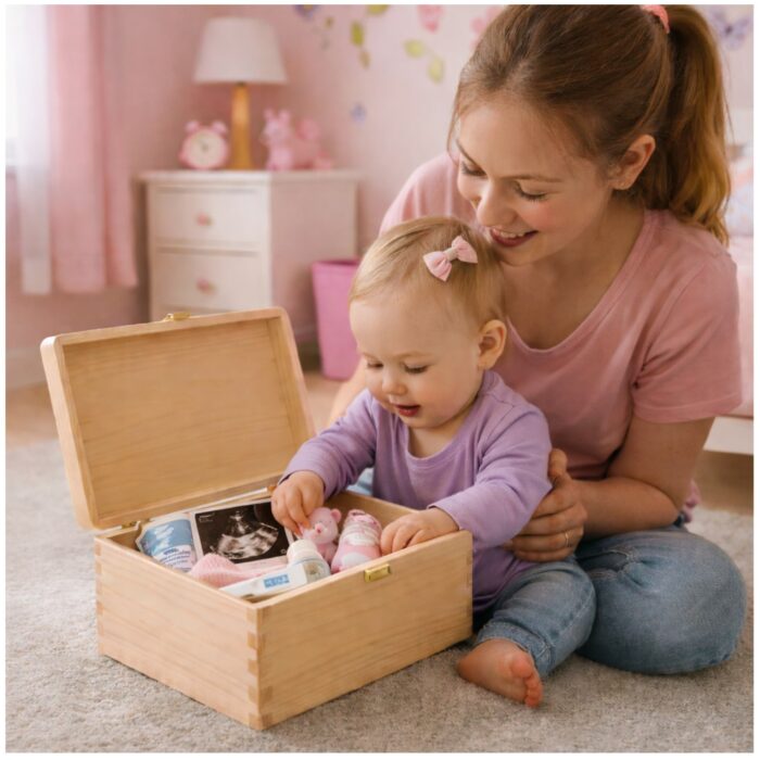 personalizowany kuferek skarbów dziecka z nadrukiem UV prezent na narodziny dziecka