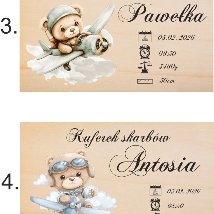 Detal nadruku metryczki na drewnianym kuferku wspomnień dla dziecka