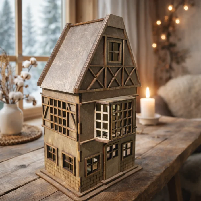 drewniany lampion domek z wyciętymi oknami