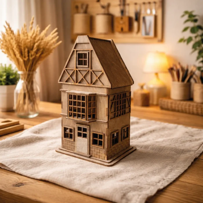 drewniany lampion domek ze sklejki ciemny orzech dekoracja domu