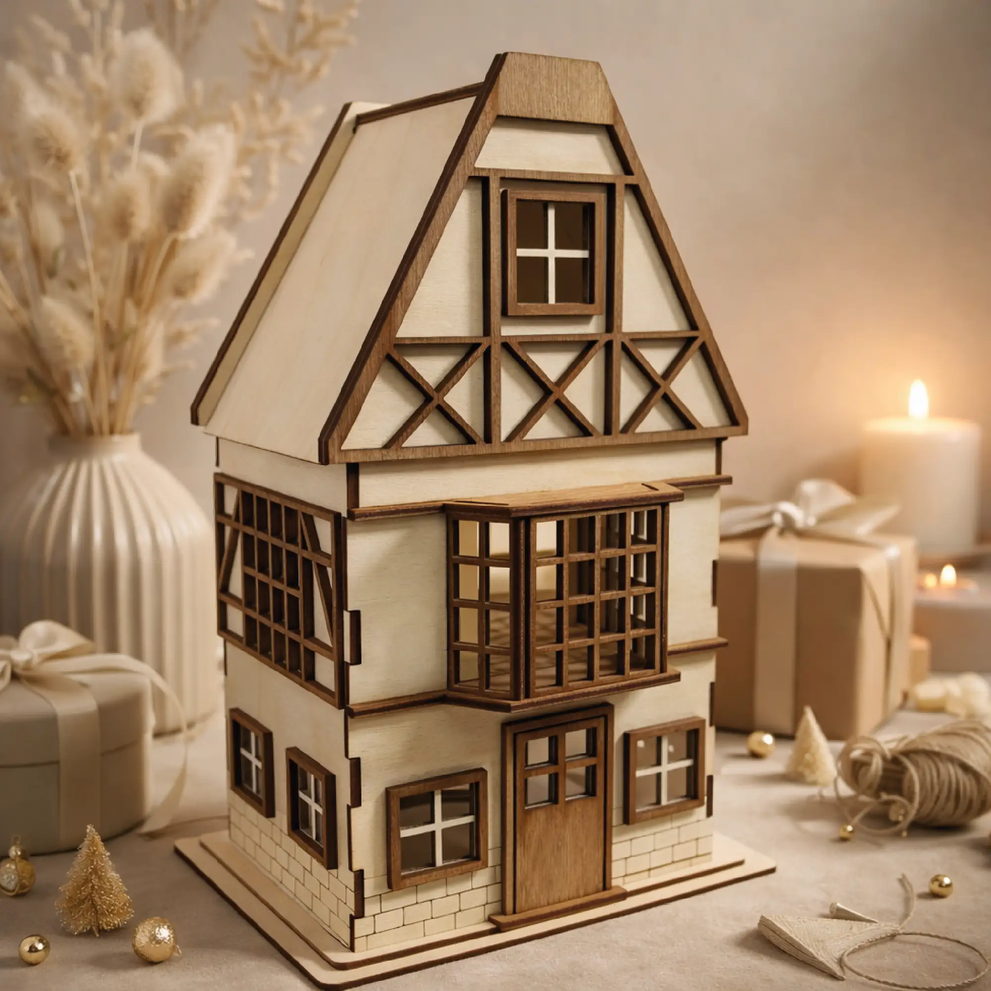 drewniany lampion domek z oknami dekoracja domu