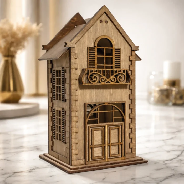 drewniany lampion domek LED dekoracja styl skandynawski do domu