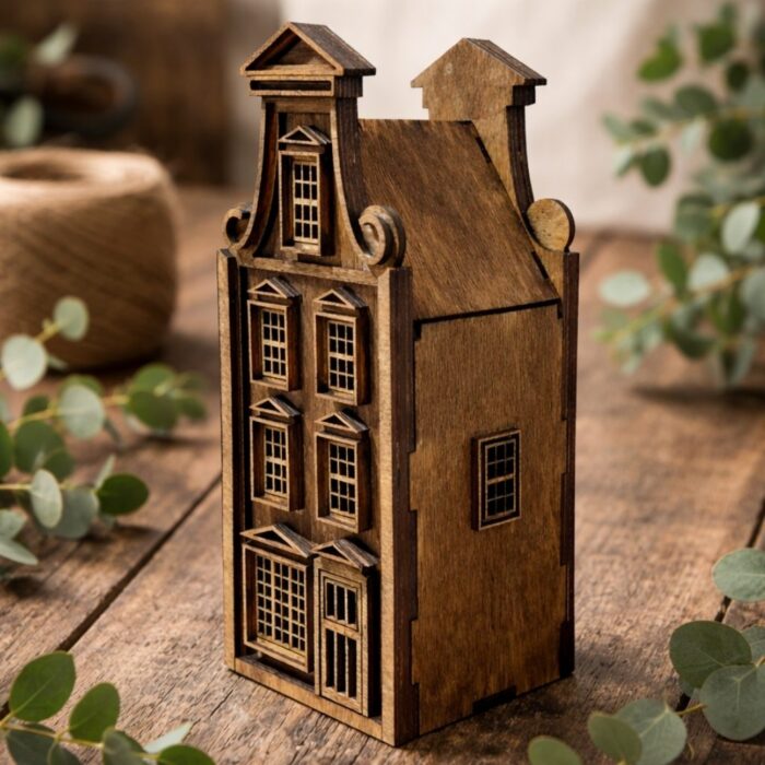 drewniany lampion w kształcie kamienicy dekoracyjny