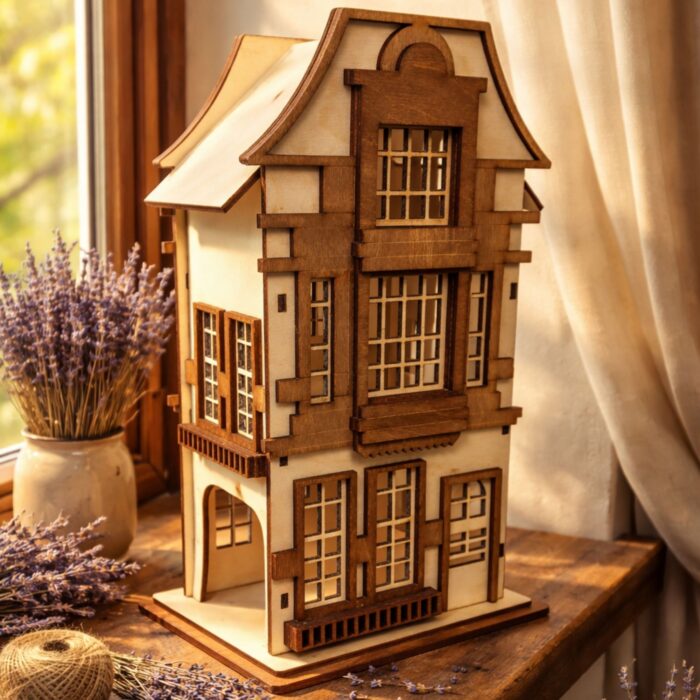 Drewniany lampion domek ze sklejki – dekoracja do pokoju dziecięcego