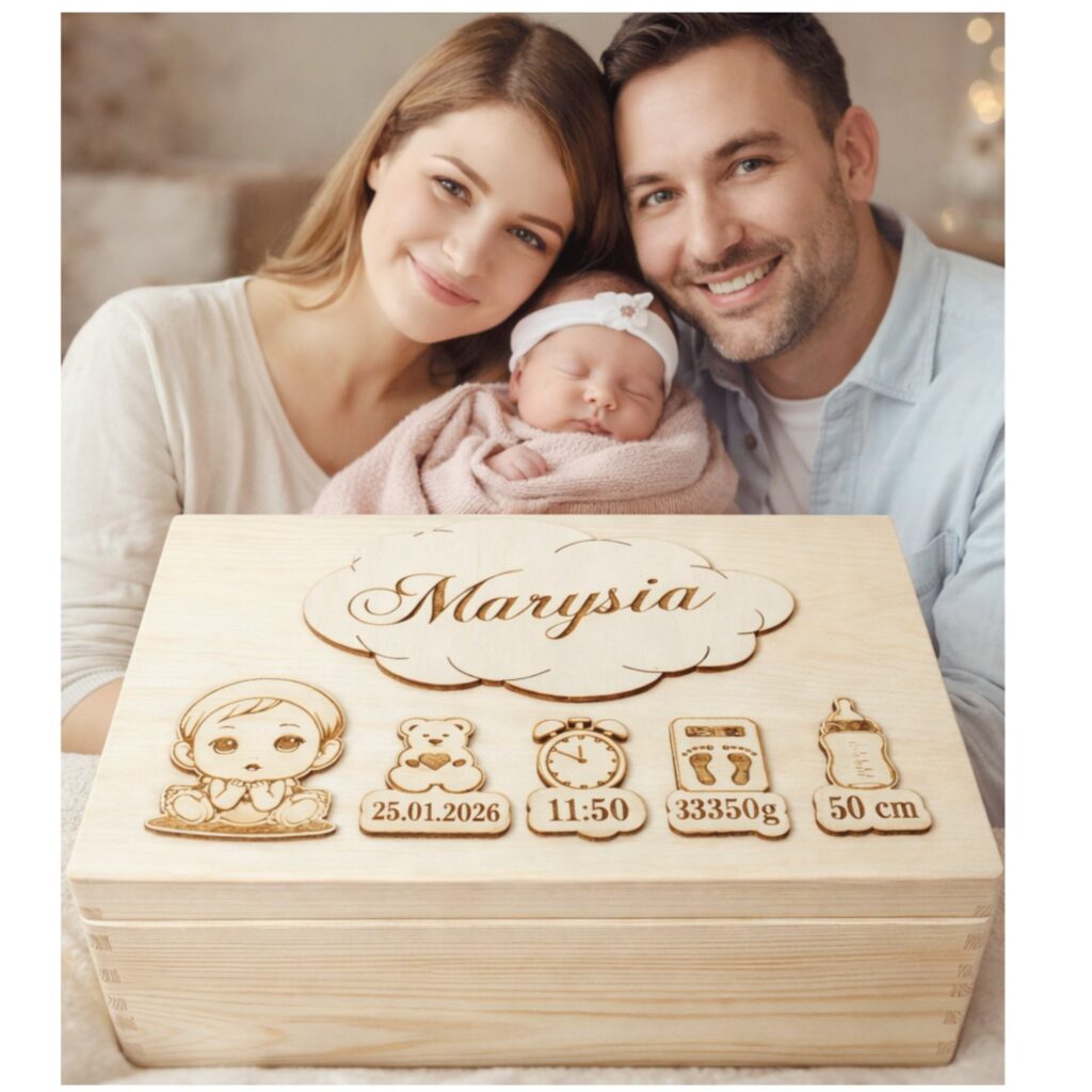 Kuferek wspomnień z grawerem jako prezent na chrzest dla dziewczynki lub chłopca