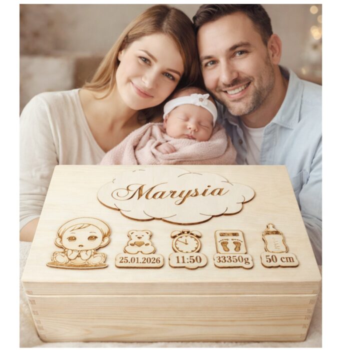 Kuferek wspomnień z grawerem jako prezent na chrzest dla dziewczynki lub chłopca