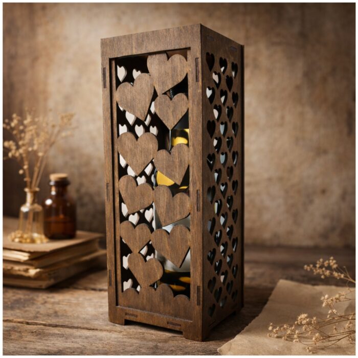 Drewniana skrzynka na wino ze sklejki z widoczną butelką wewnątrz przez ażurowe serca