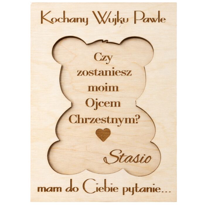 Drewniane pudełko z personalizowaną kartką z pytaniem czy zostaniesz moją matką chrzestną