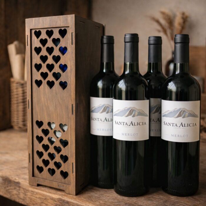 drewniana skrzynka na wino z grawerem serca prezent