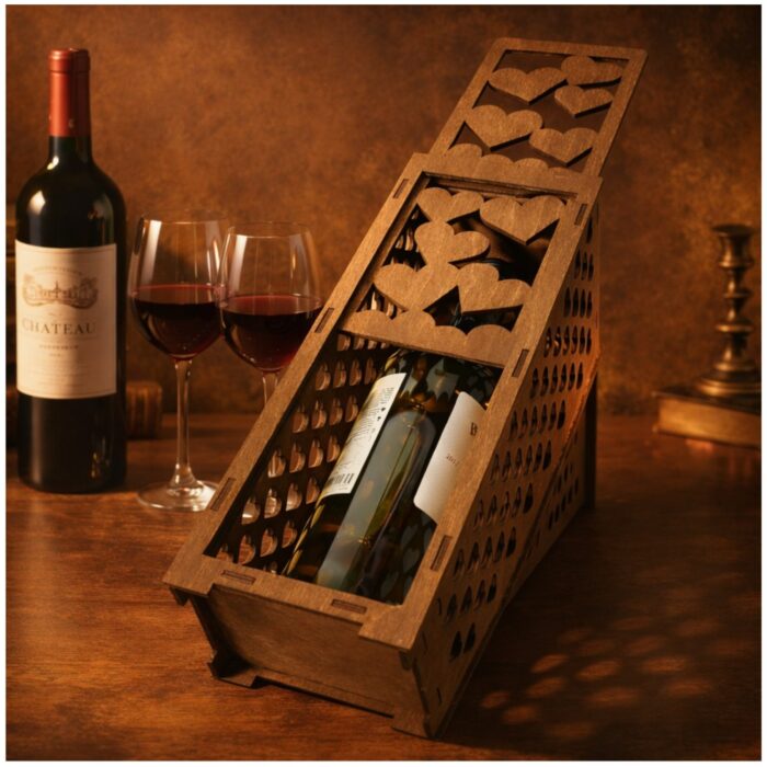 Elegancka skrzynka prezentowa na wino ze sklejki z romantycznym motywem serc