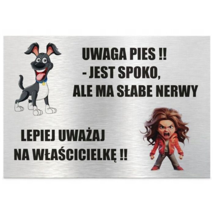 Humorystyczna tabliczka ostrzegawcza o psie jako dekoracja ogrodzenia