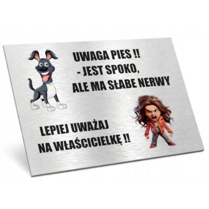 Tabliczka ostrzegawcza „Uwaga pies” z grafiką psa informująca o obecności psa na posesji