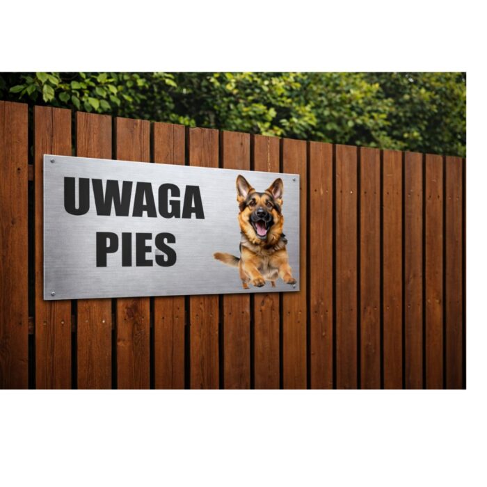 Tabliczka Uwaga pies Owczarek Niemiecki zamontowana na bramie posesji jako ostrzeżenie dla gości