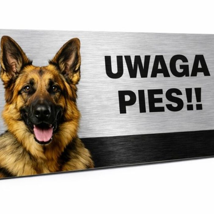 Tabliczka ostrzegawcza „Uwaga pies” z grafiką owczarka niemieckiego na srebrnym tle, format 20x10 cm