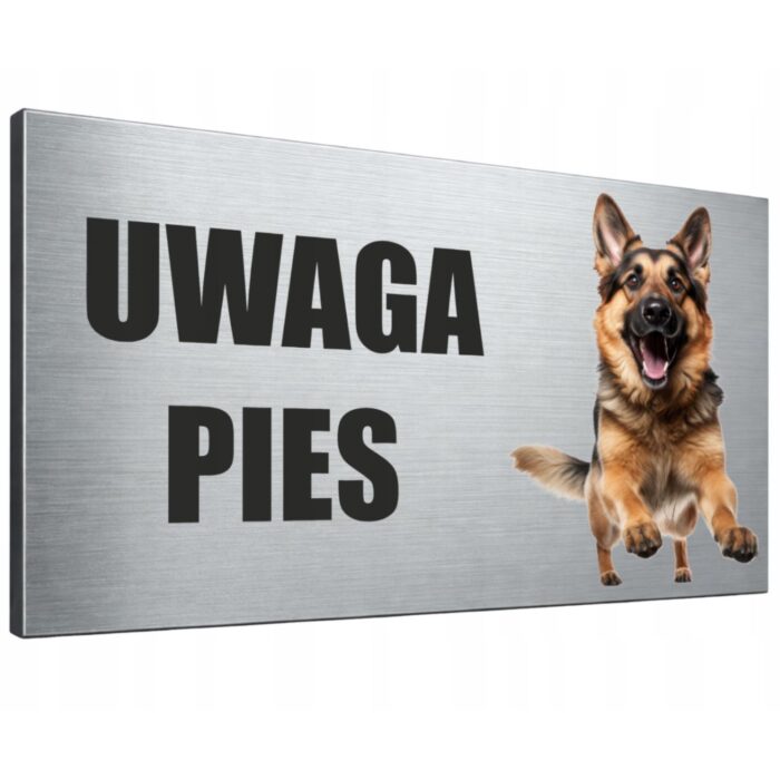 Bok tabliczki ostrzegawczej Uwaga pies pokazujący grubość i solidne wykonanie z dibondu