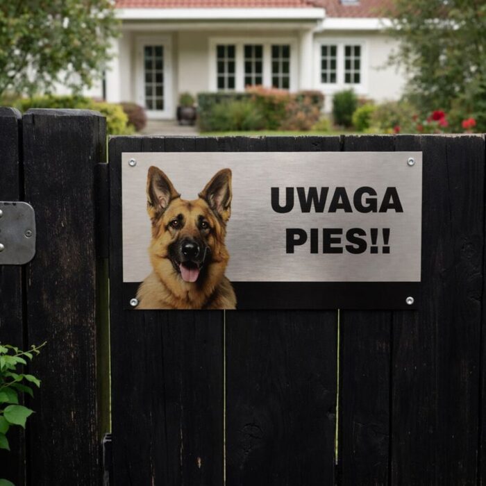 Tabliczka „Uwaga pies” z grafiką owczarka niemieckiego zamontowana na furtce wejściowej