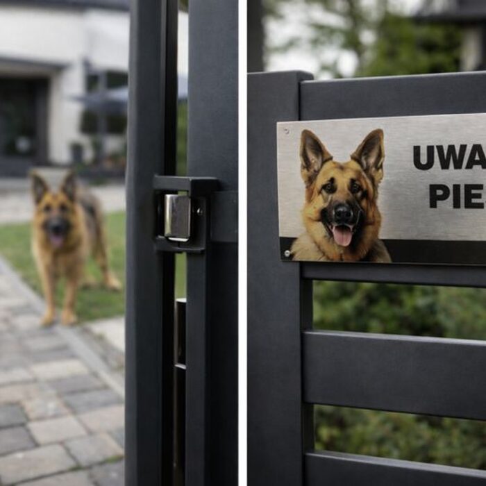 Tabliczka ostrzegawcza Uwaga pies owczarek niemiecki wykonana z płyty dibond 3 mm