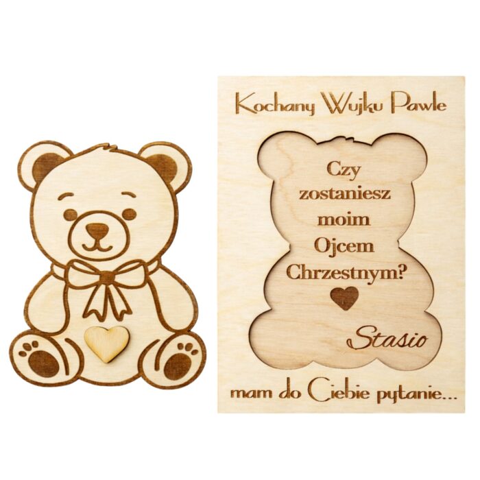 Otwarty zestaw z grawerowaną prośbą o bycie ojcem i matką chrzestną wykonany z naturalnej sklejki