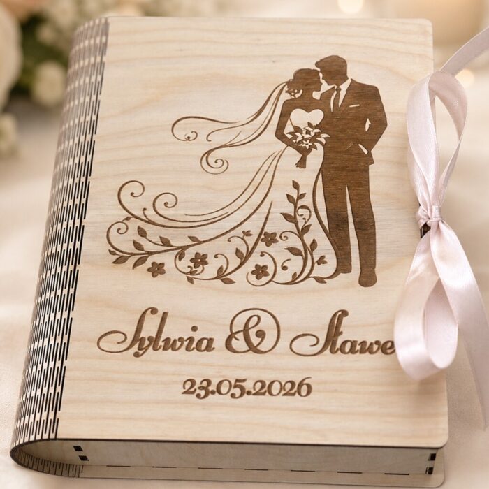 Drewniane pudełko na pieniądze dla Pary Młodej z ozdobnym grawerem
