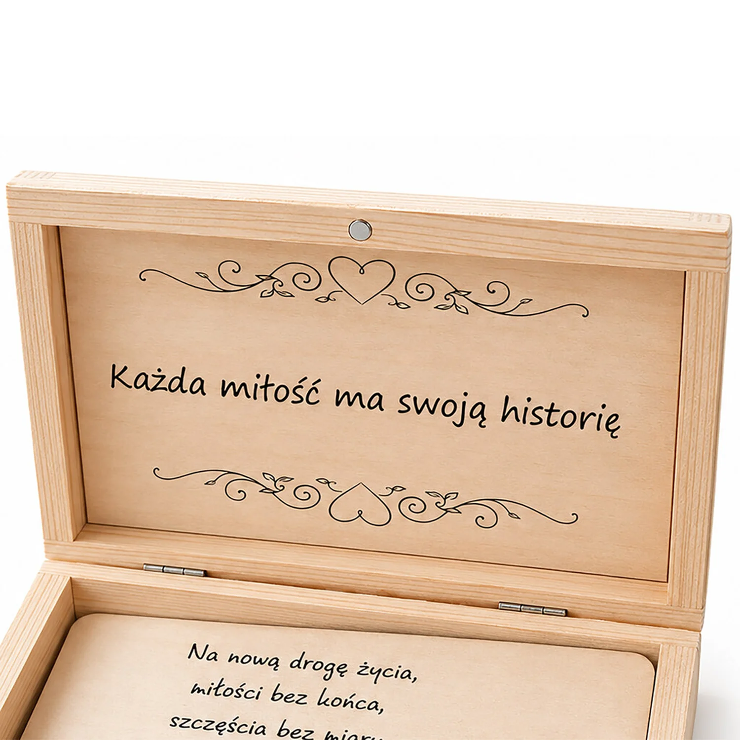 Wnętrze personalizowanego pudełka na pieniądze z miejscem na banknot i życzenia ślubne