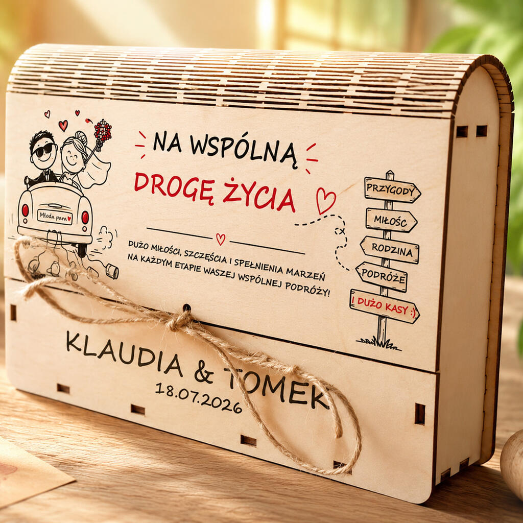 Personalizacja pudełka na pieniądze – imiona Pary Młodej i data ślubu