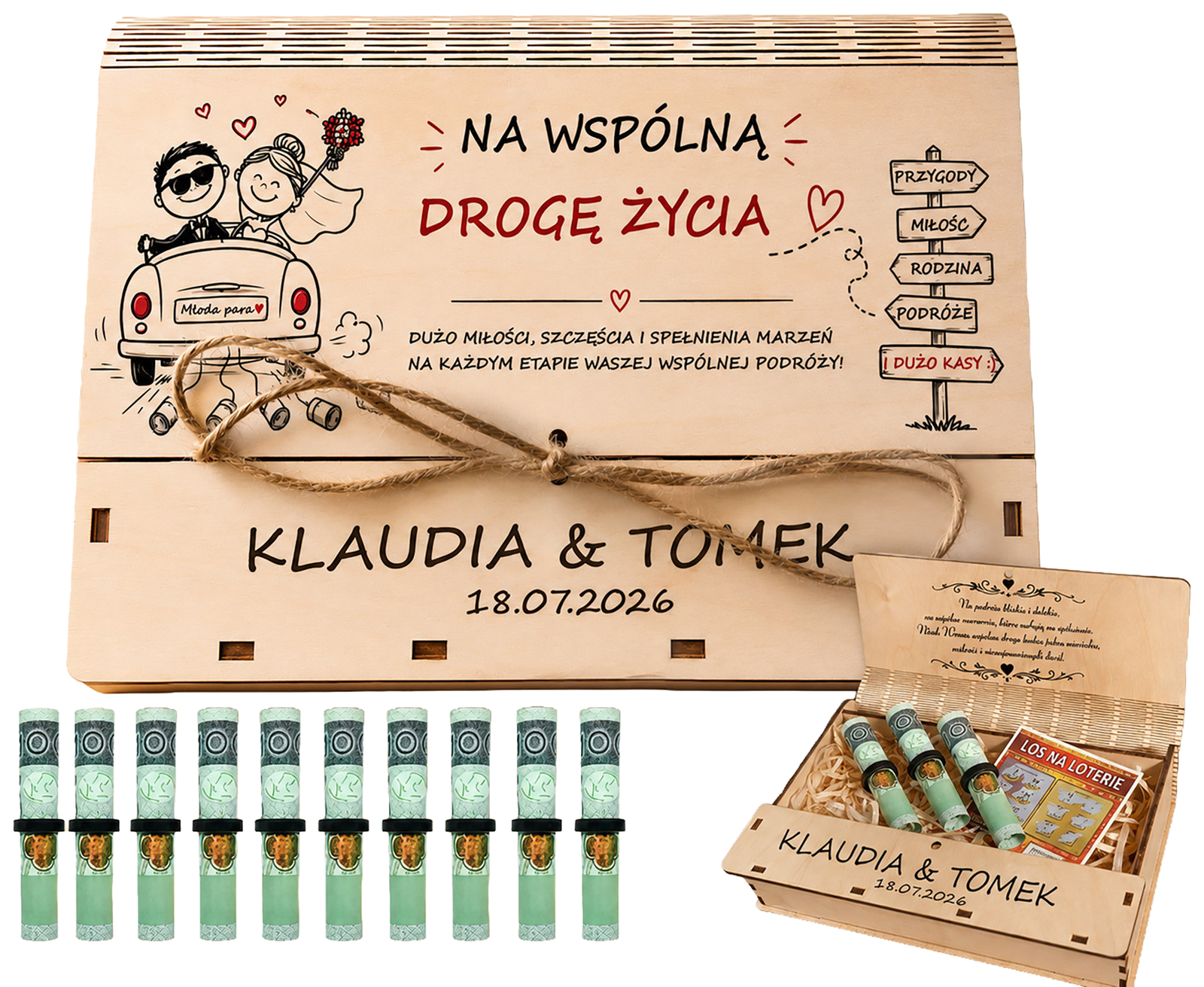 Personalizowane drewniane pudełko na pieniądze na ślub z grawerem imion i daty