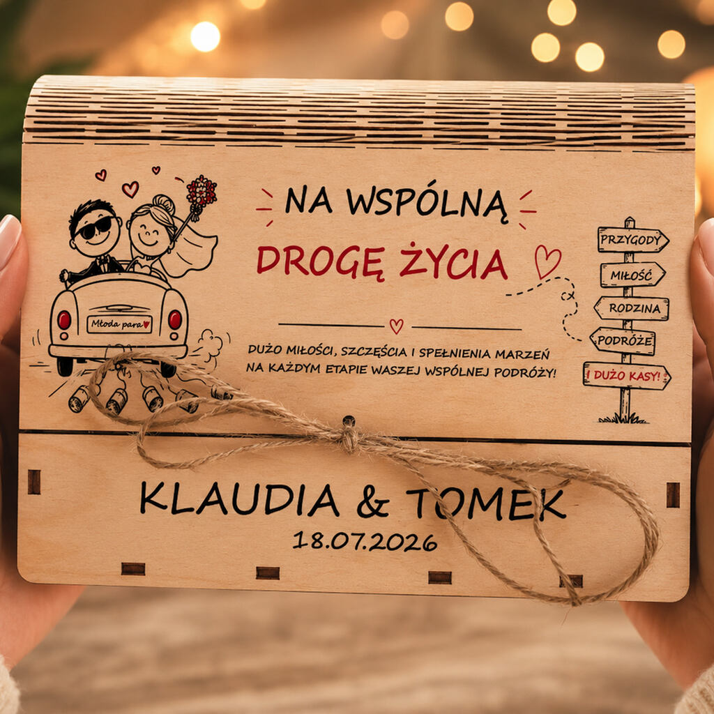 Personalizacja pudełka na pieniądze – imiona Pary Młodej i data ślubu