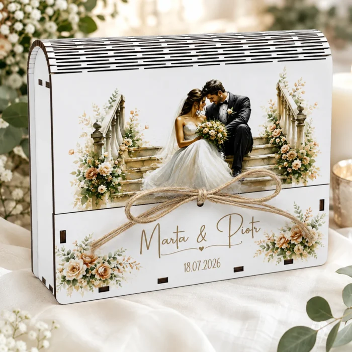 Personalizowane pudełko na pieniądze na ślub z imionami Pary Młodej