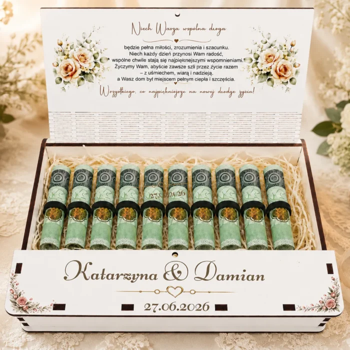 Personalizowane pudełko dla Pary Młodej z rysunkowymi wzorami do wyboru