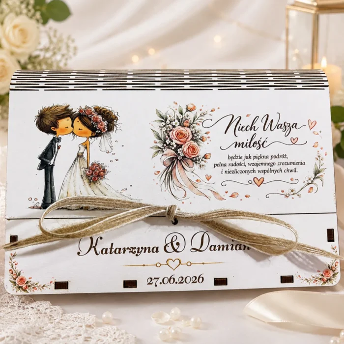 Personalizowane pudełko na pieniądze na ślub z rysunkową Parą Młodą