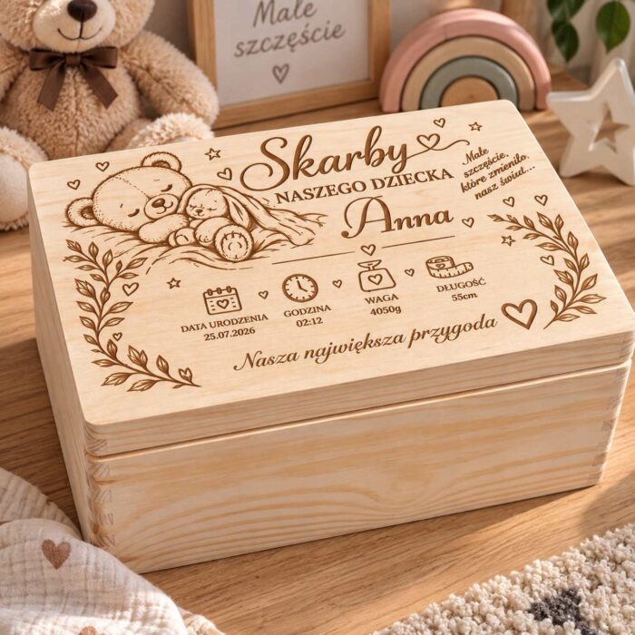 Kuferek wspomnień z misiem i metryczką – personalizowany, 30 × 20 × 13 cm