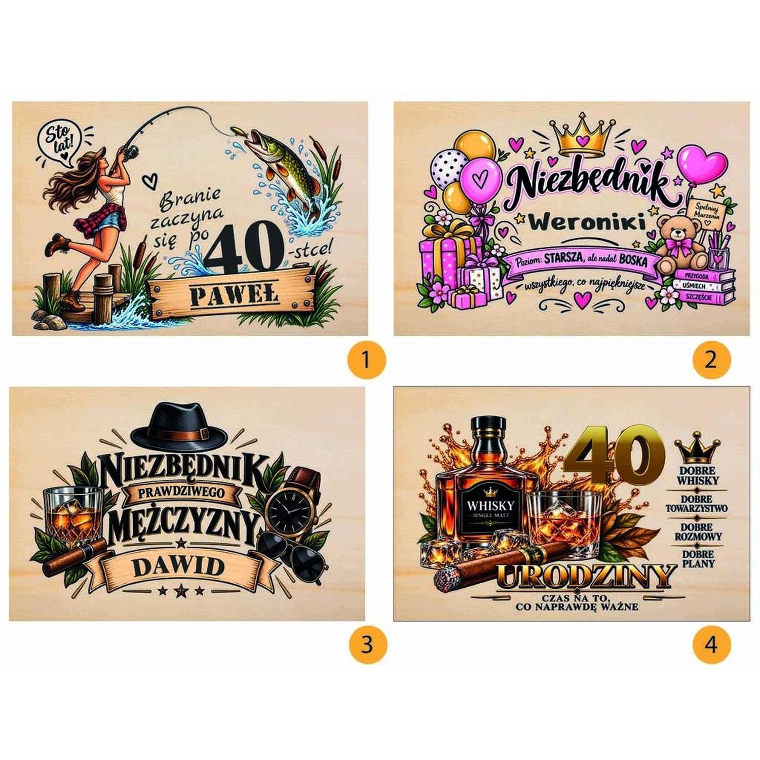 Plansza czterech grafik UV na skrzynkę urodzinową, wzory od 1 do 4