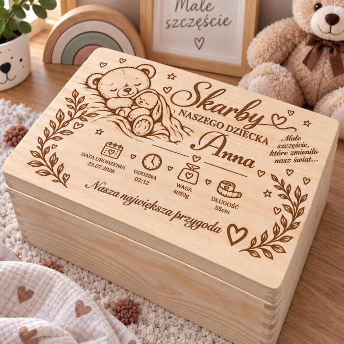 Personalizowany kuferek z misiem i imieniem dziecka w pastelowej aranżacji