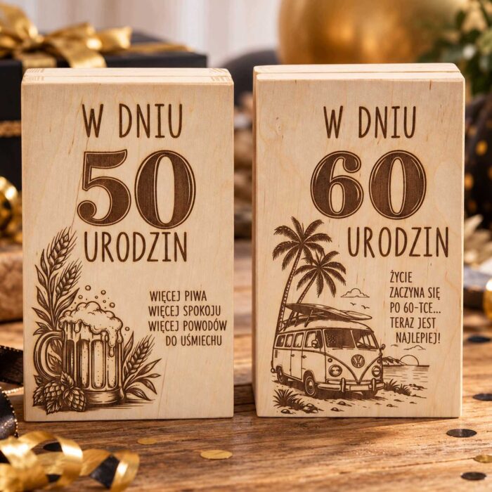 Drewniane pudełka na pieniądze na 50 i 60 urodziny w aranżacji prezentowej
