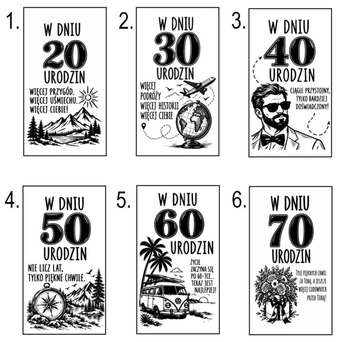 Plansza wzorów graweru na pudełko urodzinowe oznaczonych numerami od 1 do 6