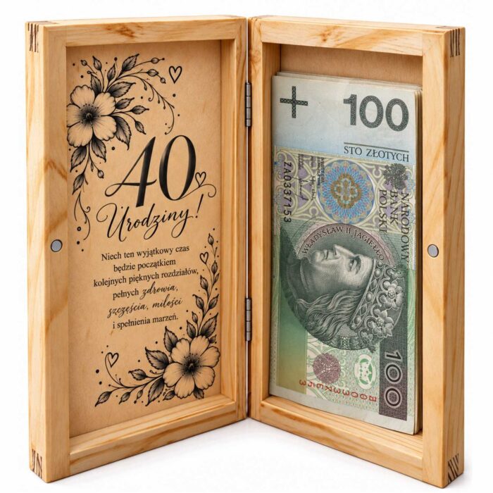 Otwarte drewniane pudełko na urodziny z życzeniami i przykładowym banknotem
