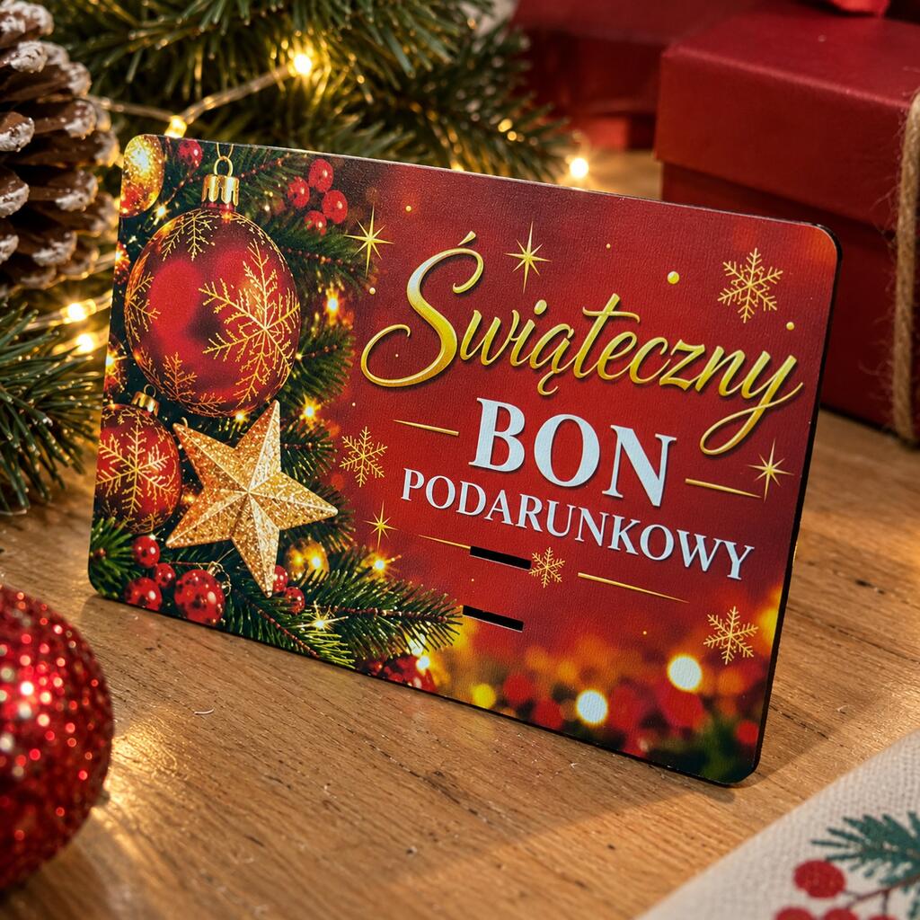 Bon na pieniądze z napisem Świąteczny bon podarunkowy i dwoma otworami na wstążkę wśród świątecznych dekoracji